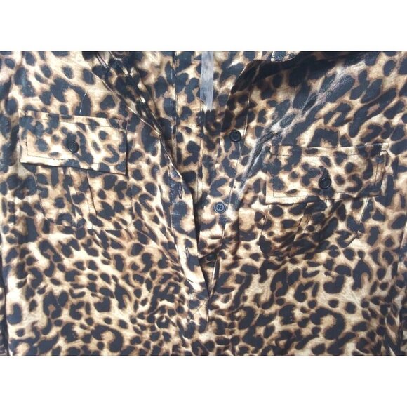 NWOT Cotton Express Top Animal Print Collar front & Back buttons long Sz M brown - Picture 5 of 8